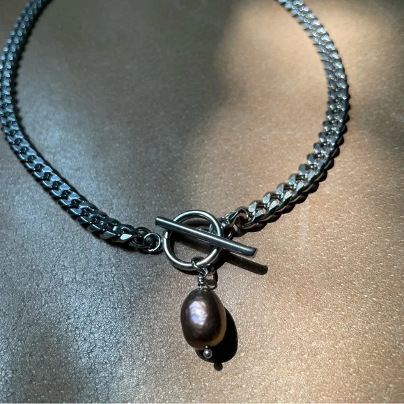 Blue freshwater pearl silver curb chain toggle clasp necklace choker stainless - Picture 5 of 8